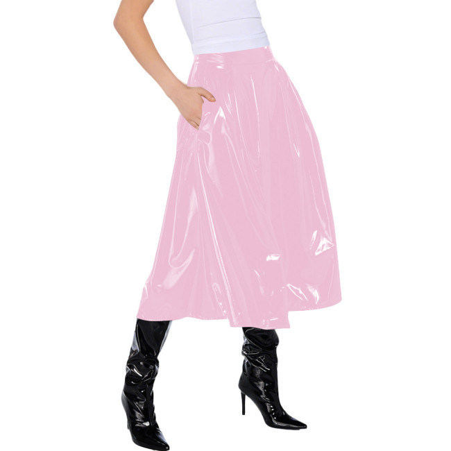 Office Lady Vinyl PVC Leather High Waist Pleated Midi Skirt Gothic Wetlook Side Pocket Skirt Casual Sexy Cosplay Streetwear