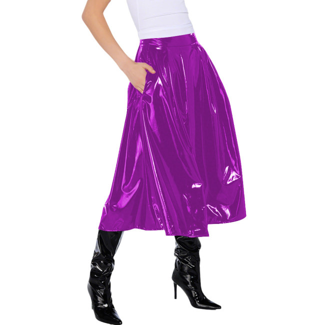 Office Lady Vinyl PVC Leather High Waist Pleated Midi Skirt Gothic Wetlook Side Pocket Skirt Casual Sexy Cosplay Streetwear