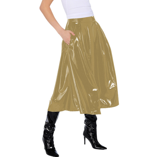 Office Lady Vinyl PVC Leather High Waist Pleated Midi Skirt Gothic Wetlook Side Pocket Skirt Casual Sexy Cosplay Streetwear