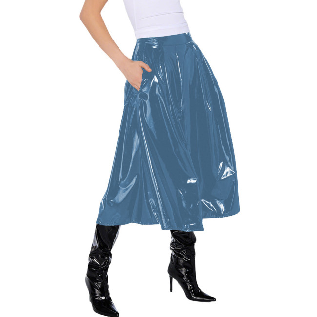 Office Lady Vinyl PVC Leather High Waist Pleated Midi Skirt Gothic Wetlook Side Pocket Skirt Casual Sexy Cosplay Streetwear