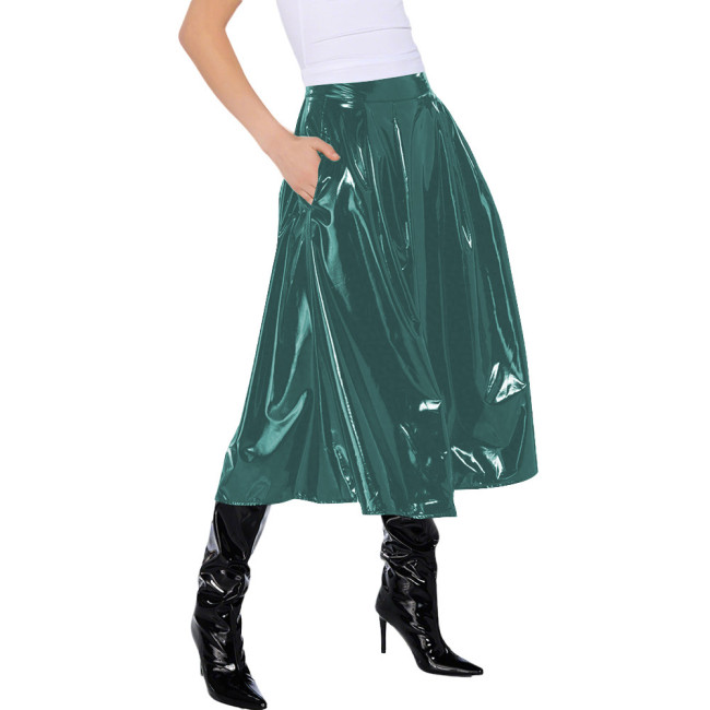 Office Lady Vinyl PVC Leather High Waist Pleated Midi Skirt Gothic Wetlook Side Pocket Skirt Casual Sexy Cosplay Streetwear