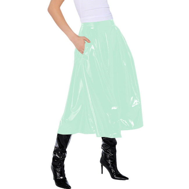 Office Lady Vinyl PVC Leather High Waist Pleated Midi Skirt Gothic Wetlook Side Pocket Skirt Casual Sexy Cosplay Streetwear