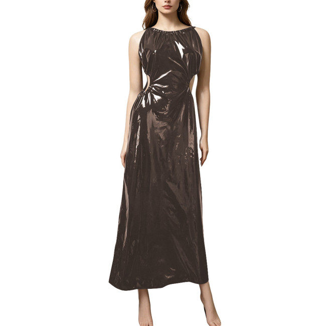 Plus Size Elegant PVC Halter Maxi Dress Women Sleeveless Cutout Waist Evening Gown Glossy Faux Leather Formal Party Sling Dress