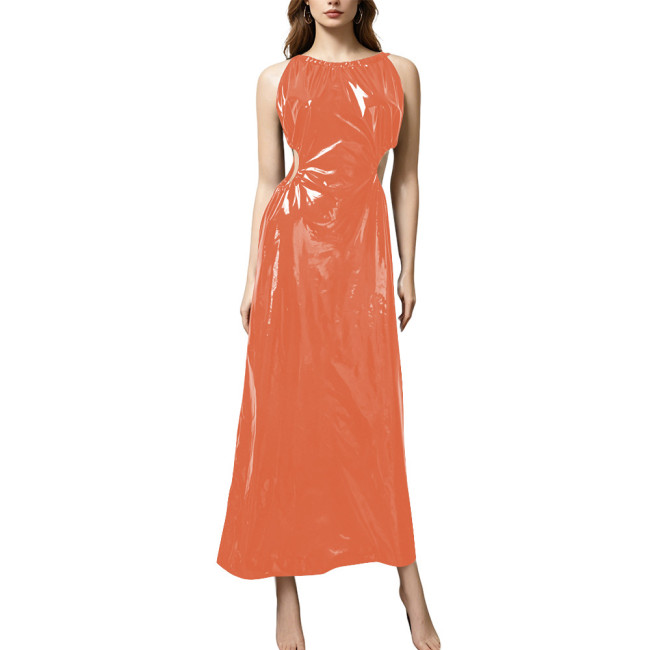 Plus Size Elegant PVC Halter Maxi Dress Women Sleeveless Cutout Waist Evening Gown Glossy Faux Leather Formal Party Sling Dress