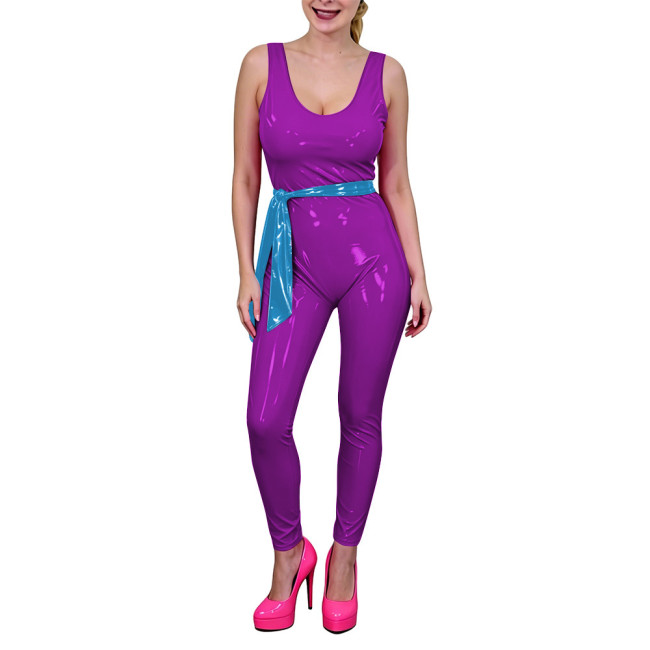 Women Low U-Neck Bodycon Catsuit with Belt Shiny PVC Leather Sleeveless Jumpsuit Wet Look Party Cosplay Outfits Fetish Bodysuit