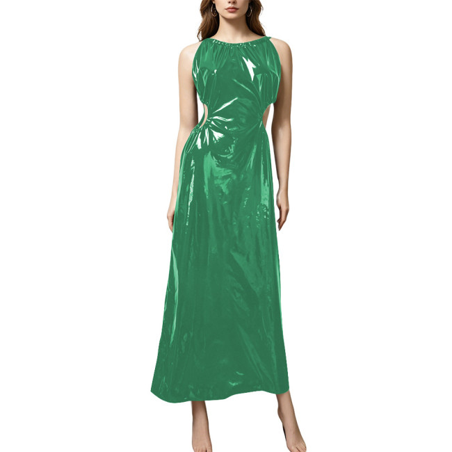 Plus Size Elegant PVC Halter Maxi Dress Women Sleeveless Cutout Waist Evening Gown Glossy Faux Leather Formal Party Sling Dress