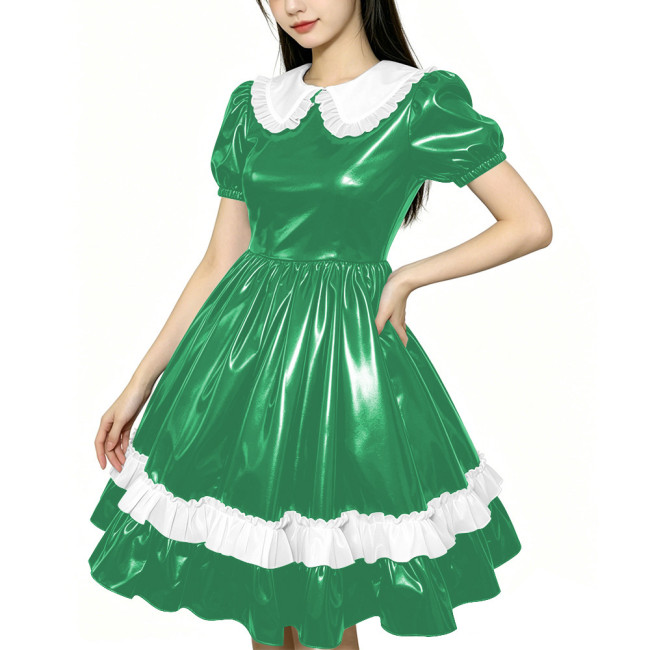 Shiny PVC Doll Collar Lolita Sweet Puff Sleeve Mini Princess Dress Gothic Flared Ruffle Skirt Cosplay Maid Dress Zipper Clubwear