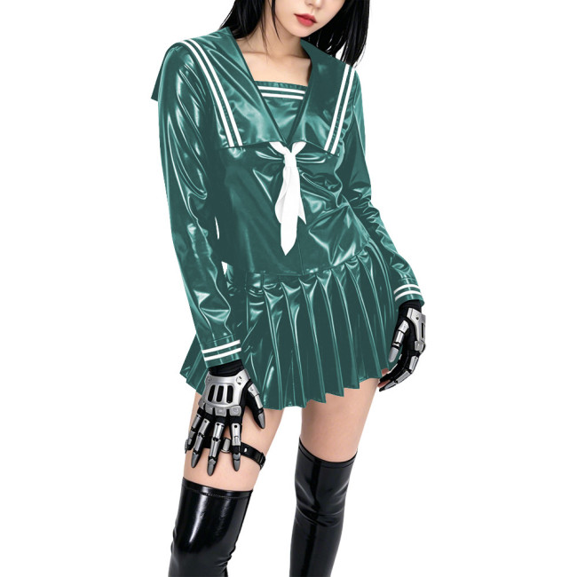Shiny PVC Sailor Collar School Uniform 2 Piece Set Gothic Crop Top High Waist Pleated Mini Skirt Cosplay Lolita Anime Maid Dress