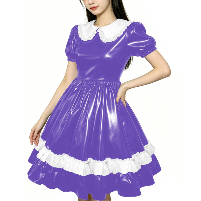 Shiny PVC Doll Collar Lolita Sweet Puff Sleeve Mini Princess Dress Gothic Flared Ruffle Skirt Cosplay Maid Dress Zipper Clubwear