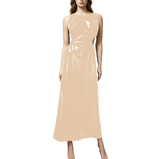 Plus Size Elegant PVC Halter Maxi Dress Women Sleeveless Cutout Waist Evening Gown Glossy Faux Leather Formal Party Sling Dress