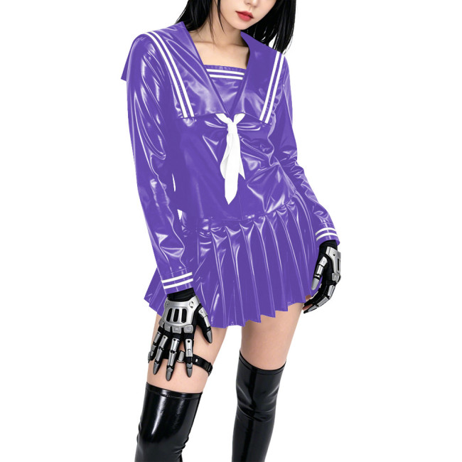 Shiny PVC Sailor Collar School Uniform 2 Piece Set Gothic Crop Top High Waist Pleated Mini Skirt Cosplay Lolita Anime Maid Dress
