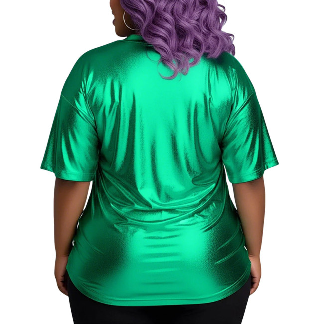Plus Size Metallic Shiny Loose T-shirt Women Fashion Casual Short Sleeve Solid Color Tops Club Dance Party Round Neck Tee Shirts