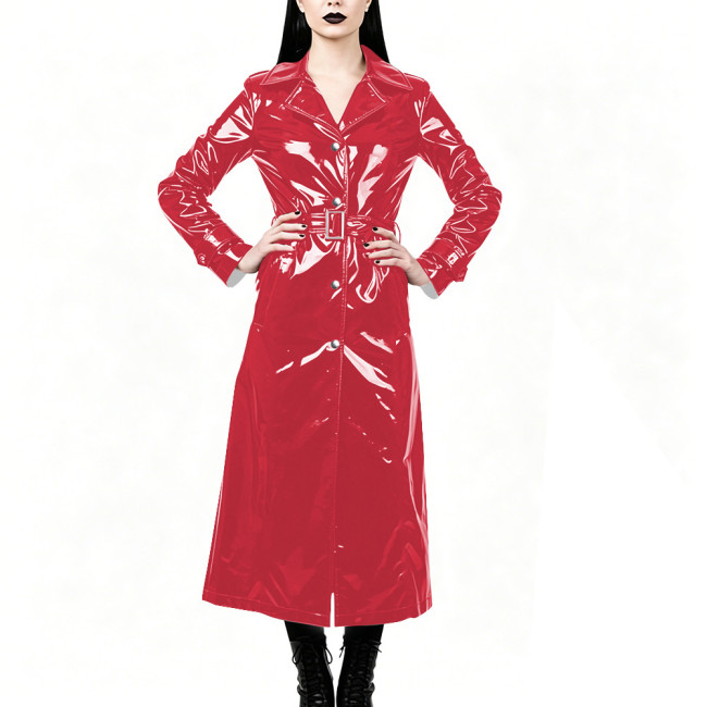 Chic High Street Glossy PVC Long Coat Womens Button-up Lapel Collar Belted Trench Coat Plus Size Outerwear for Nightclub Parties