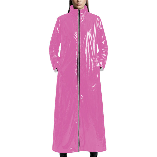 Plus Size Punk Solid Color PVC Shiny Long Coat Stand Collar Full Zip Oversized Trench Outerwear Vinyl Leather Coat Club Outfit