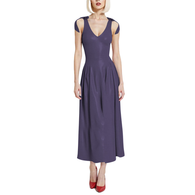 Preppy Style Glossy Smooth PVC A-line Dress Womens V-Neck Sleeveless Pleated Long Dress with Back Zipper Clubwear Party Vestidos