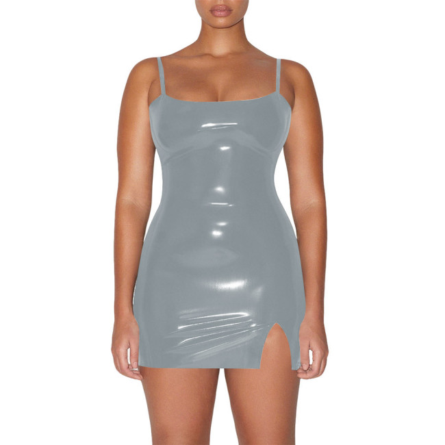 Plus Size Vinyl PVC Leather Spaghetti Straps Dress Women Bodycon Stretch Mini Dress Party Sexy Sleeveless Mini Dresses Clubwear