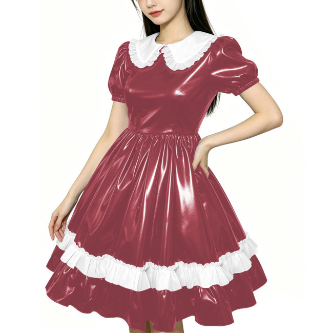 Shiny PVC Doll Collar Lolita Sweet Puff Sleeve Mini Princess Dress Gothic Flared Ruffle Skirt Cosplay Maid Dress Zipper Clubwear