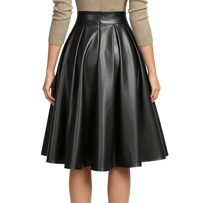 Women Sexy High Waist Party Matte PU Leather A-Line Midi Skirt Flared Skirt Office Back Zipper Casual Outfits Elegant Daily Wear