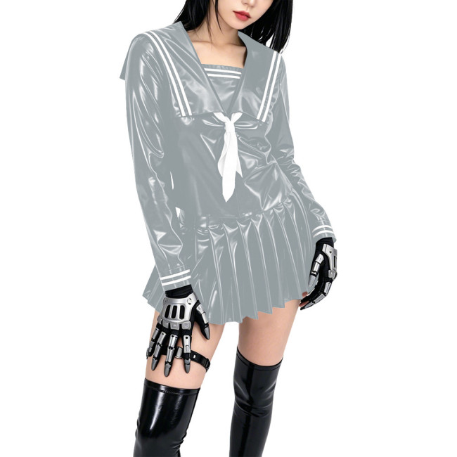 Shiny PVC Sailor Collar School Uniform 2 Piece Set Gothic Crop Top High Waist Pleated Mini Skirt Cosplay Lolita Anime Maid Dress