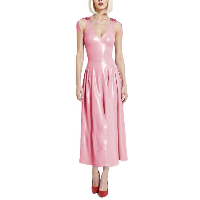 Preppy Style Glossy Smooth PVC A-line Dress Womens V-Neck Sleeveless Pleated Long Dress with Back Zipper Clubwear Party Vestidos