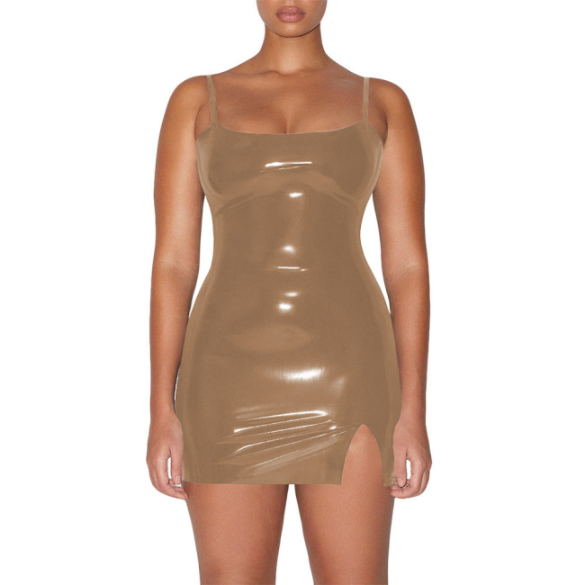 Plus Size Vinyl PVC Leather Spaghetti Straps Dress Women Bodycon Stretch Mini Dress Party Sexy Sleeveless Mini Dresses Clubwear