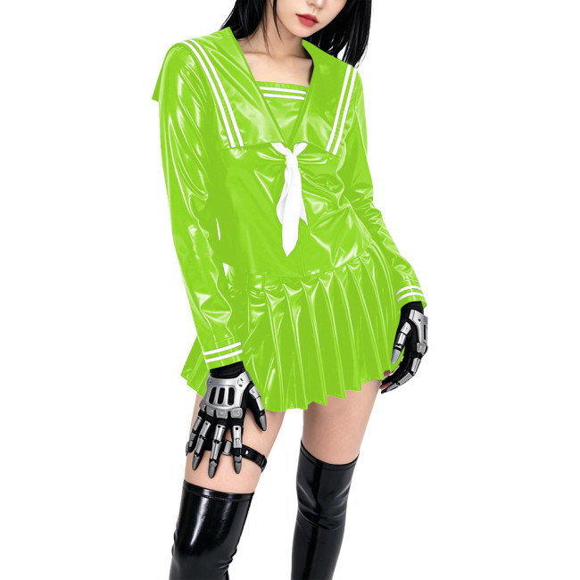 Shiny PVC Sailor Collar School Uniform 2 Piece Set Gothic Crop Top High Waist Pleated Mini Skirt Cosplay Lolita Anime Maid Dress