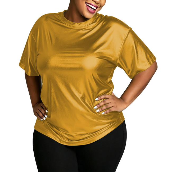 Plus Size Metallic Shiny Loose T-shirt Women Fashion Casual Short Sleeve Solid Color Tops Club Dance Party Round Neck Tee Shirts