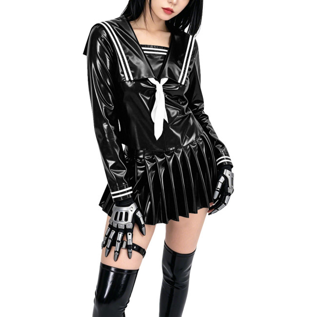 Shiny PVC Sailor Collar School Uniform 2 Piece Set Gothic Crop Top High Waist Pleated Mini Skirt Cosplay Lolita Anime Maid Dress
