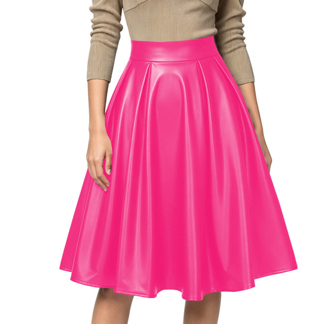 Women Sexy High Waist Party Matte PU Leather A-Line Midi Skirt Flared Skirt Office Back Zipper Casual Outfits Elegant Daily Wear