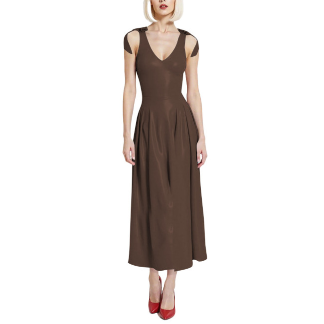 Preppy Style Glossy Smooth PVC A-line Dress Womens V-Neck Sleeveless Pleated Long Dress with Back Zipper Clubwear Party Vestidos