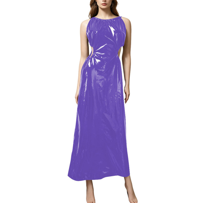 Plus Size Elegant PVC Halter Maxi Dress Women Sleeveless Cutout Waist Evening Gown Glossy Faux Leather Formal Party Sling Dress