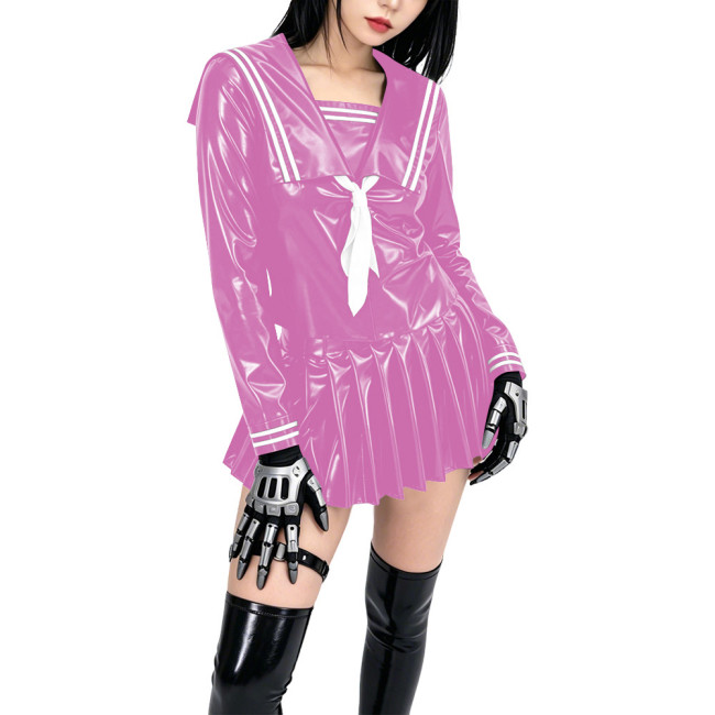 Shiny PVC Sailor Collar School Uniform 2 Piece Set Gothic Crop Top High Waist Pleated Mini Skirt Cosplay Lolita Anime Maid Dress