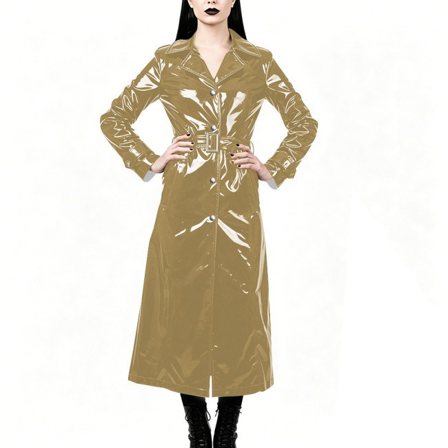 Chic High Street Glossy PVC Long Coat Womens Button-up Lapel Collar Belted Trench Coat Plus Size Outerwear for Nightclub Parties