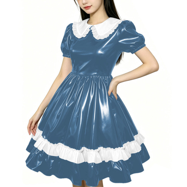 Shiny PVC Doll Collar Lolita Sweet Puff Sleeve Mini Princess Dress Gothic Flared Ruffle Skirt Cosplay Maid Dress Zipper Clubwear