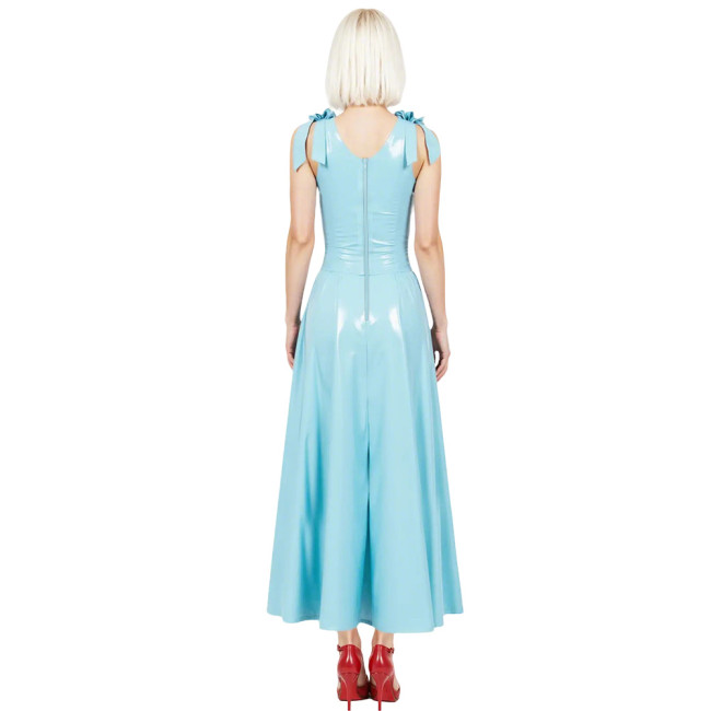 Preppy Style Glossy Smooth PVC A-line Dress Womens V-Neck Sleeveless Pleated Long Dress with Back Zipper Clubwear Party Vestidos