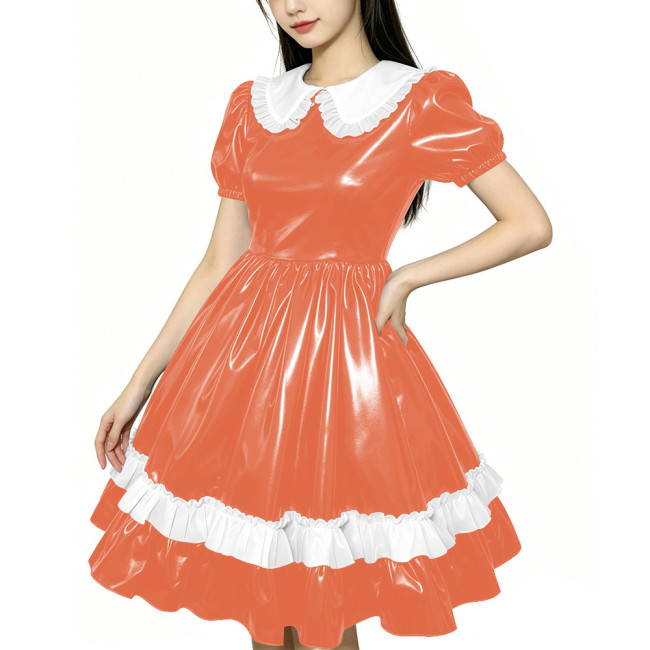 Shiny PVC Doll Collar Lolita Sweet Puff Sleeve Mini Princess Dress Gothic Flared Ruffle Skirt Cosplay Maid Dress Zipper Clubwear