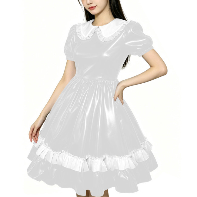 Shiny PVC Doll Collar Lolita Sweet Puff Sleeve Mini Princess Dress Gothic Flared Ruffle Skirt Cosplay Maid Dress Zipper Clubwear