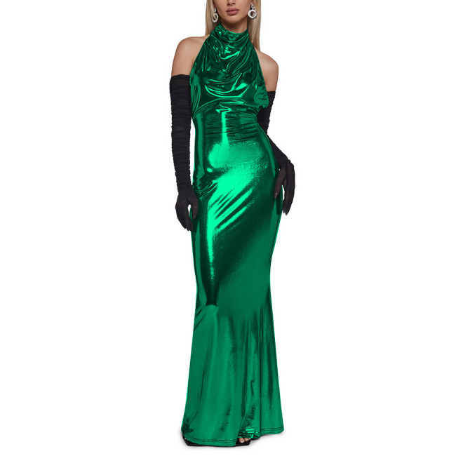 Chic Shiny Backless Halter Long Dress Elegant Ladies Floor Length Mermaid Dress Womens Clubwear Metallic Liquid Party Dresses