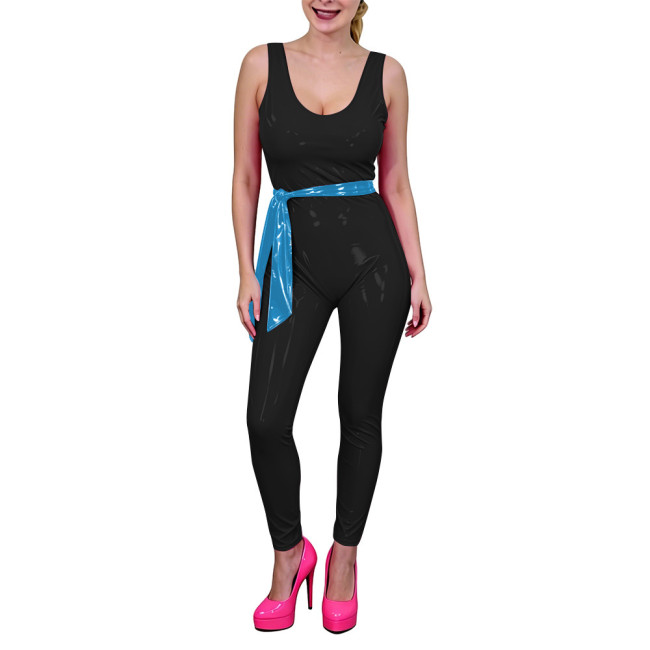 Women Low U-Neck Bodycon Catsuit with Belt Shiny PVC Leather Sleeveless Jumpsuit Wet Look Party Cosplay Outfits Fetish Bodysuit