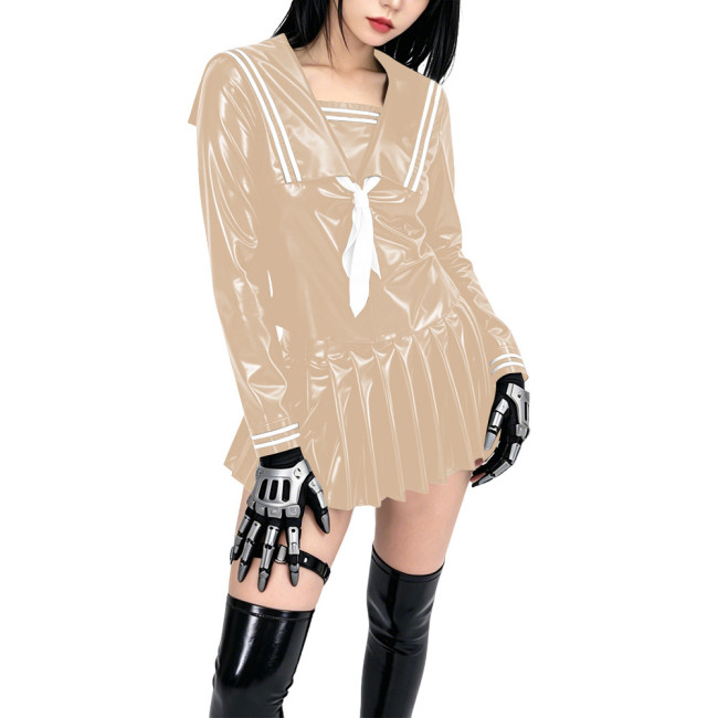 Shiny PVC Sailor Collar School Uniform 2 Piece Set Gothic Crop Top High Waist Pleated Mini Skirt Cosplay Lolita Anime Maid Dress