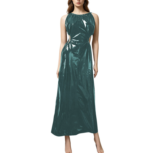 Plus Size Elegant PVC Halter Maxi Dress Women Sleeveless Cutout Waist Evening Gown Glossy Faux Leather Formal Party Sling Dress