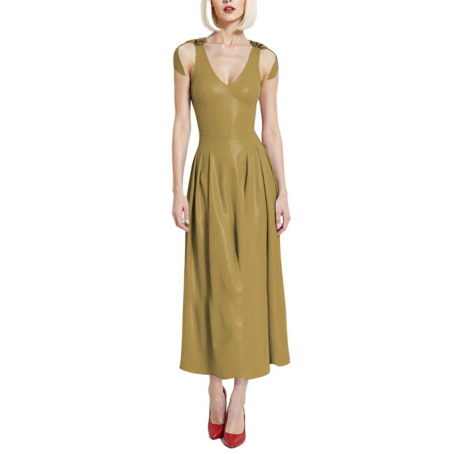 Preppy Style Glossy Smooth PVC A-line Dress Womens V-Neck Sleeveless Pleated Long Dress with Back Zipper Clubwear Party Vestidos