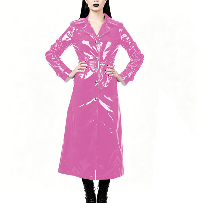 Chic High Street Glossy PVC Long Coat Womens Button-up Lapel Collar Belted Trench Coat Plus Size Outerwear for Nightclub Parties