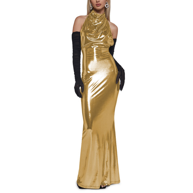 Chic Shiny Backless Halter Long Dress Elegant Ladies Floor Length Mermaid Dress Womens Clubwear Metallic Liquid Party Dresses