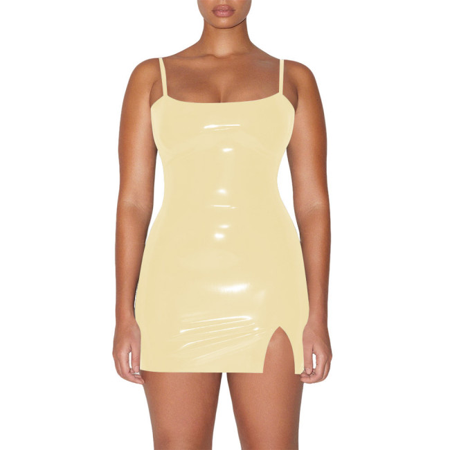 Plus Size Vinyl PVC Leather Spaghetti Straps Dress Women Bodycon Stretch Mini Dress Party Sexy Sleeveless Mini Dresses Clubwear