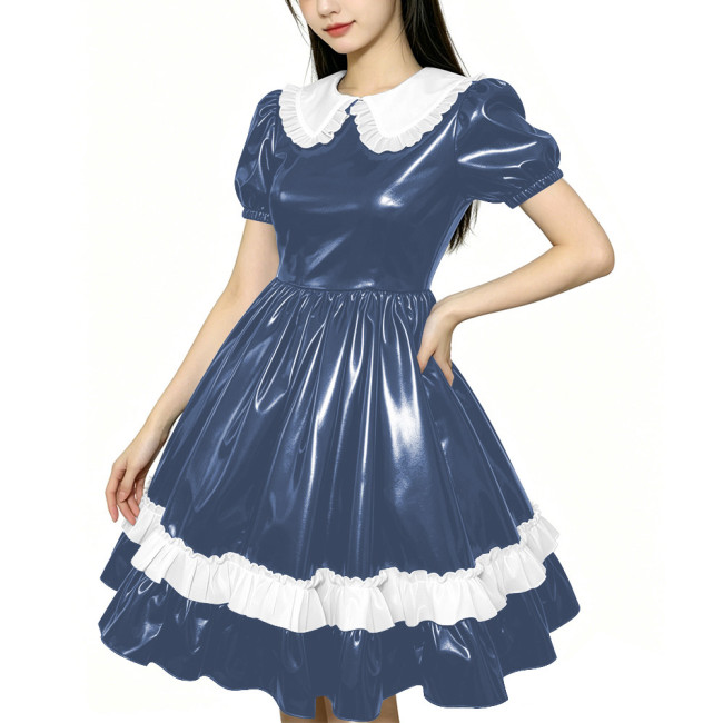 Shiny PVC Doll Collar Lolita Sweet Puff Sleeve Mini Princess Dress Gothic Flared Ruffle Skirt Cosplay Maid Dress Zipper Clubwear