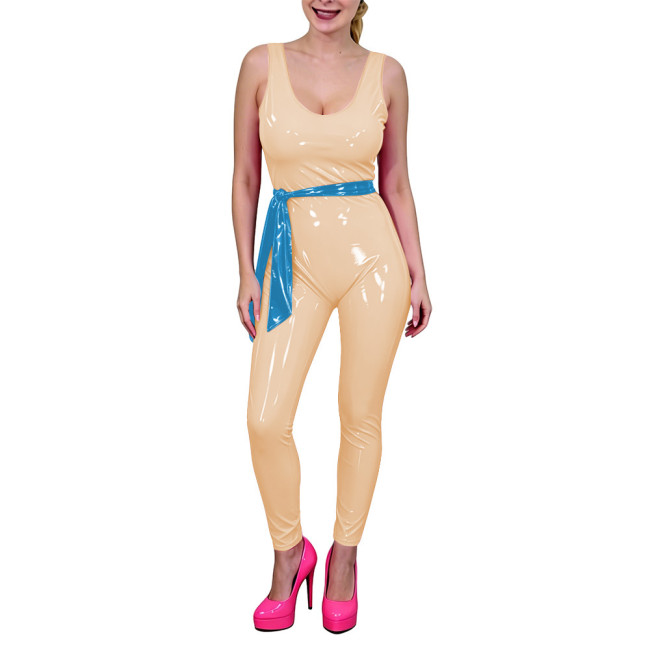 Women Low U-Neck Bodycon Catsuit with Belt Shiny PVC Leather Sleeveless Jumpsuit Wet Look Party Cosplay Outfits Fetish Bodysuit