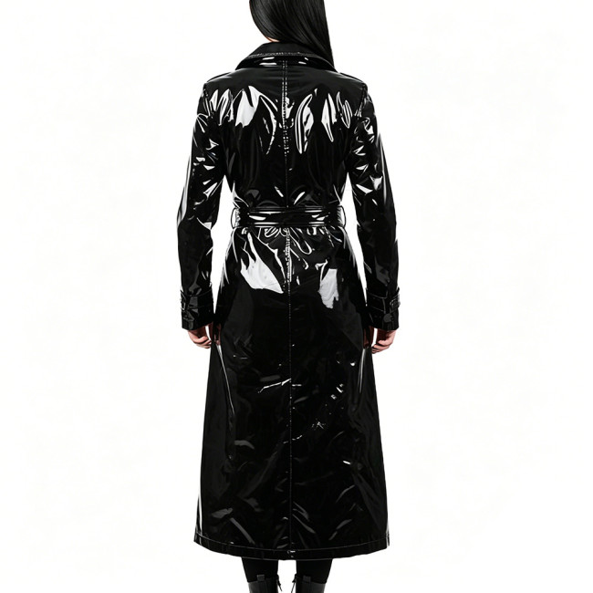 Chic High Street Glossy PVC Long Coat Womens Button-up Lapel Collar Belted Trench Coat Plus Size Outerwear for Nightclub Parties