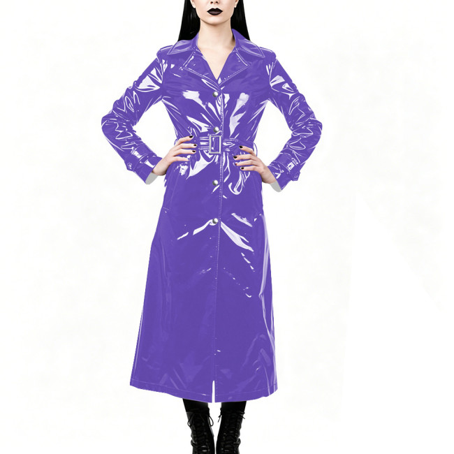 Chic High Street Glossy PVC Long Coat Womens Button-up Lapel Collar Belted Trench Coat Plus Size Outerwear for Nightclub Parties