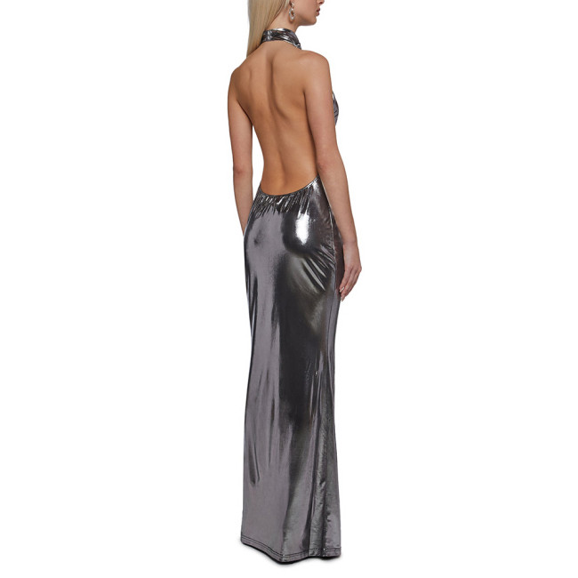 Chic Shiny Backless Halter Long Dress Elegant Ladies Floor Length Mermaid Dress Womens Clubwear Metallic Liquid Party Dresses